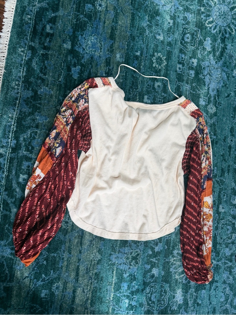 Free People Cream Henley Top with Rust and Maroon Patchwork Sleeves - Picture 2 of 12